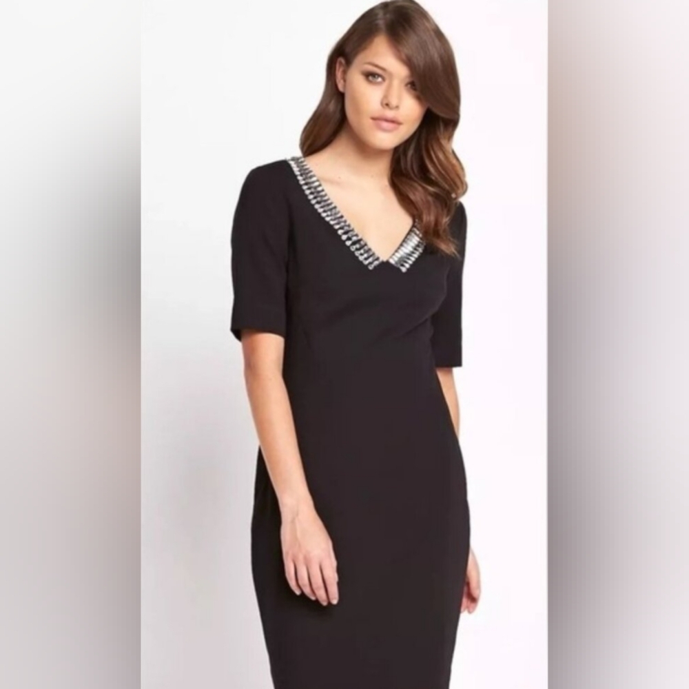 Ted Baker London “Vicki” Black Jewel Short Sleeved V-Neck Dress -6-